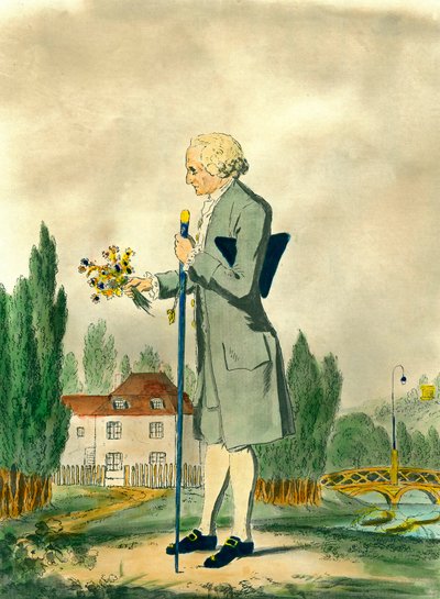 Voorstelling van de Zwitserse filosoof Jean Jacques Rousseau (1712-1778) bloemen plukkend in Ermenonville. Gravure uit de 18e eeuw. Privécollectie. door Unknown artist