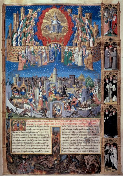 Voorstelling van de stad van God (hemels) en de stad van mensen (aards) Miniatuur uit 