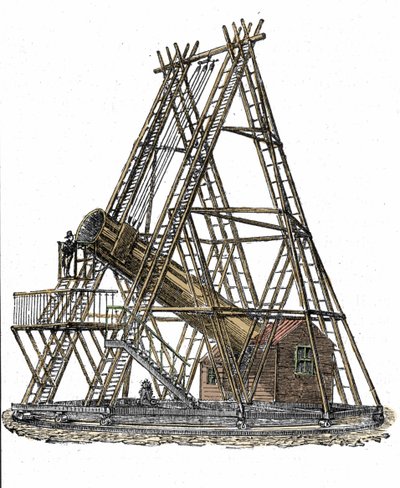Voorstelling van de telescoop van de Engelse astronoom William Herschel (1738-1822). Gravure uit de 19e eeuw door Unknown artist