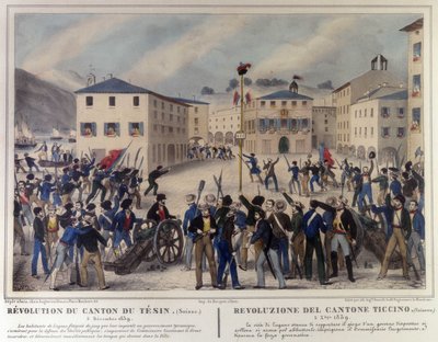 Revolutie van het kanton Ticino in Zwitserland op 5 december 1859. Gravure uit de 19e eeuw door Unknown artist