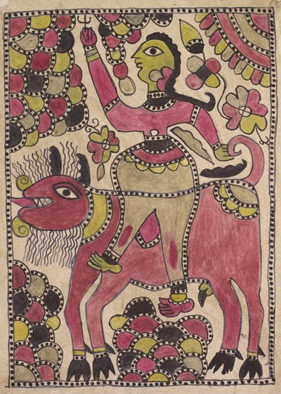 Ruiter en viervoetig rund in mauve, chartreuse en zwart palet door Unknown artist