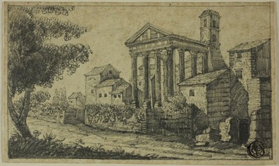 Rivierlandschap met Romeinse tempel door Unknown artist