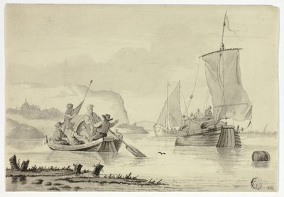 Rivierscène met Boten door Unknown artist