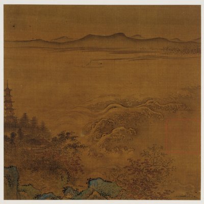 Rivierlandschap: een pagode, schuimende stroomversnellingen, verre heuvels door Unknown artist