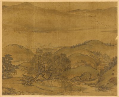 Rivierlandschap: een wilg en andere bomen, glooiende heuvels en een hoge bergketen door Unknown artist