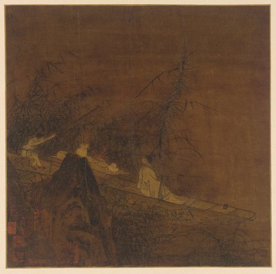 Rivierscène: een boot tussen wilde bamboe door Unknown artist
