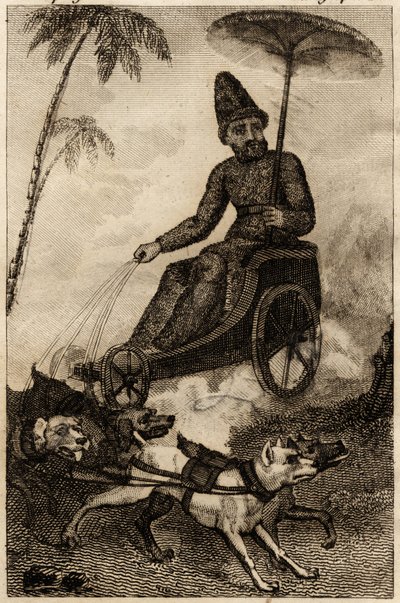 Robinson Crusoe op zijn wagen getrokken door zes honden, gravure ingevoegd in 