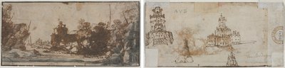 Rotsachtige inham met boten en gebouwen (recto); Schetsen van kastelen (verso) door Unknown artist