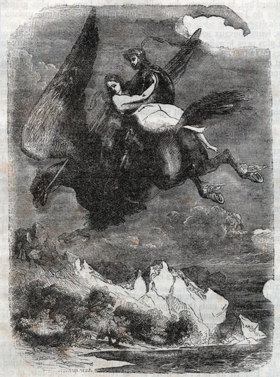 Roger (Ruggero, Ruggiero) en Angelique (Angelica) op de hippoclaw - gravure uit 1851 van 