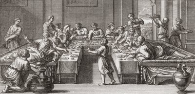 Romeins triclinium, of eetkamer, met tafel en banken door Unknown artist