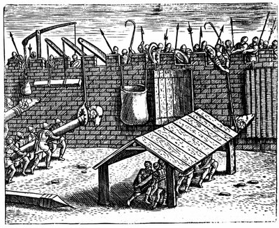 Romeinse oorlogvoering. Verdedigers proberen stormrammen uit te schakelen door Unknown artist