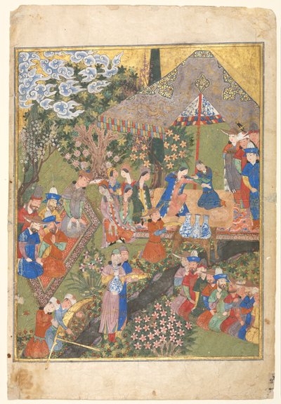 Koninklijke Ontvangst in een Landschap, rechterfolio van een dubbelbladige frontispice van een Shahnama (Boek der Koningen) van Firdausi (940–1019 of 1025) door Unknown artist
