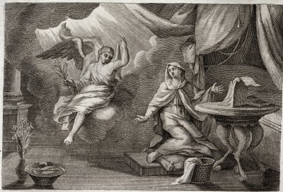 Royaumont Bijbel, Nieuwe Testament: Aankondiging aan de Maagd. Aartsengel Gabriël is gekomen om een boodschap aan Maria over te brengen. Illustratie uit 1811. door Unknown artist