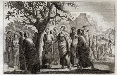Royaumont Bijbel, Nieuwe Testament: Bekering van Zacheüs. Jezus Christus spreekt met Zacheüs die in de vijgenboom zit. Illustratie uit 1811. door Unknown artist