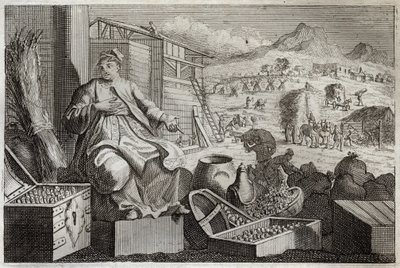 Royaumont Bijbel, Nieuwe Testament: De dwaasheid van rijkdom of de gelijkenis van de rijke man. Jezus Christus spreekt tegen de ijdelheid van een rijke man, die zichzelf prees om zijn grote bezittingen, en de volgende nacht stierf. Illustratie uit 1811. door Unknown artist