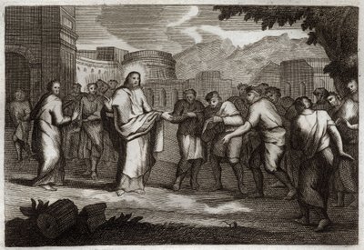 Royaumont Bijbel, Nieuwe Testament: De tien melaatsen. Jezus Christus geneest tien melaatsen. Illustratie uit 1811. door Unknown artist