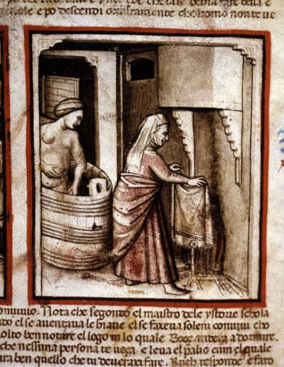 Ruth maakt haar toilet met de hulp van haar schoonmoeder Noemi voordat ze in het bed van haar man Boaz slaapt. Boek van Ruth. Miniatuur uit codex 212 (of padovano codice of Bijbel van Padua) 1390-1400 Rovigo, Accademia dei Concordi door Unknown artist