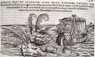Zeelieden gooien vaten in zee om monsters af te leiden. Gravure in 