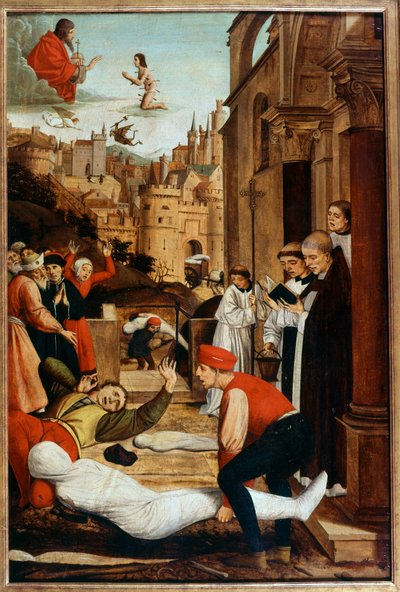 Sint Franciscus biddend tijdens een pestepidemie door Unknown artist