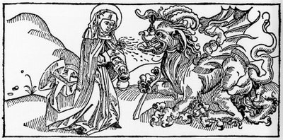 Sint Martha en de Tarasque - Gravure uit “Leben der Heiligen - sommerteil” (Het boek van de heilige) door Jacobus (James) van Voragine (1228-1298). Lübeck 1488. door Unknown artist