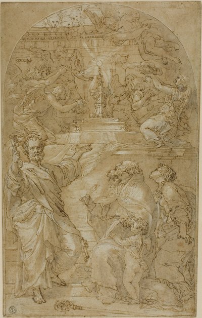 Sint Petrus, Sint Augustinus en een vrouwelijke heilige in aanbidding van de eucharistie door Unknown artist