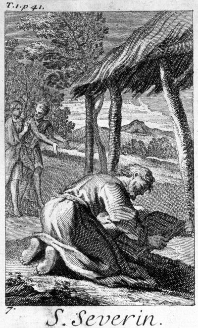 Sint Severin, evangelist van de Noric (het huidige Oostenrijk), lezend. Gravure uit de 17e eeuw. door Unknown artist