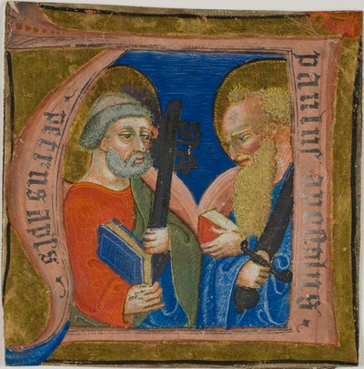 De heiligen Petrus en Paulus in een historische initiaal "N" uit een koorboek door Unknown artist