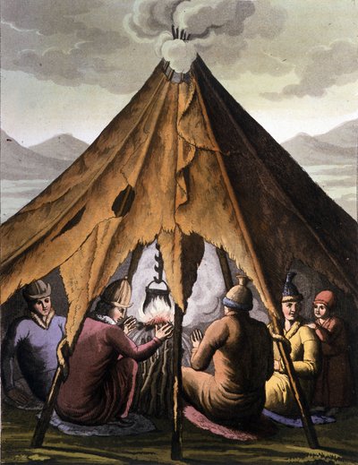 Sami-volk: inheemse mensen die in de landen van de noordelijke landen (Noorwegen, Finland, Zweden en Rusland) rond een vuur onder een tent verzamelen. Gravure uit de 19e eeuw door Unknown artist