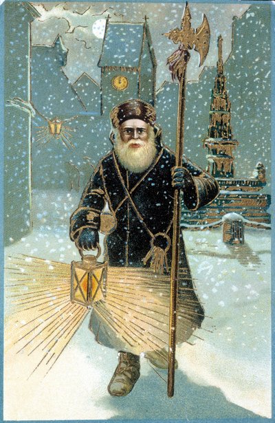 Kerstman in de nacht met lantaarn. 19e eeuwse ansichtkaart. door Unknown artist