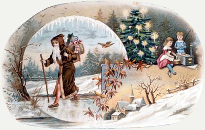 Kerstman brengt cadeaus aan de kinderen. Chromolithografie van het einde van de 19e eeuw. door Unknown artist