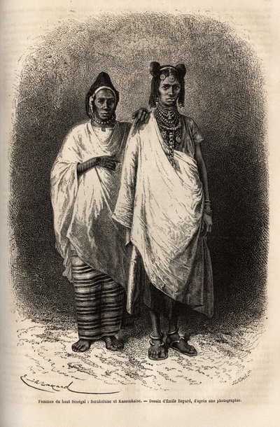 Sarakolese en Kassonkese vrouwen, bevolkingen van Boven-Senegal, in traditionele kleding. Gravure ter illustratie van een cruise langs de kust van Afrika, door Vice-Admiral Fleuriot de Langle, in 1868, gepubliceerd in 