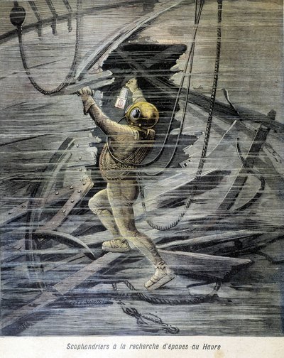 Duiker op zoek naar wrakken in Le Havre. Illustratie van de "Petit Journal" van 1892. door Unknown artist
