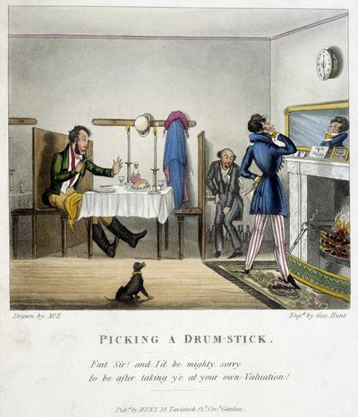 Scène die drie mannen in een Engels restaurant uitbeeldt. Een van hen (de zittende man), dronken, verontschuldigt zich ironisch bij de man die zichzelf in de spiegel bekijkt voor het stelen van zijn deel van de kip. Illustratie door M. E. uit de late 19e e door Unknown artist