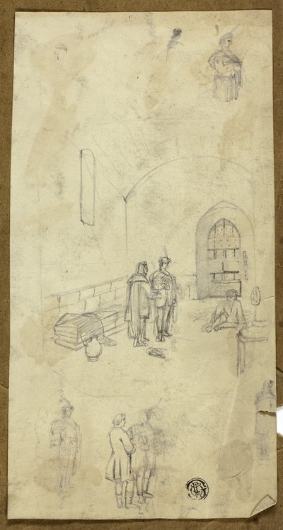 Scène in gevangeniscel met schetsen van andere figuren door Unknown artist