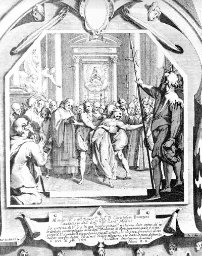 Scène van exorcisme van een bezeten vrouw met behulp van de Madonna van Monsummano in 1630 door Unknown artist