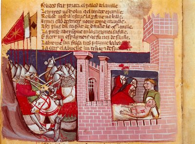 Scène van de Slag bij Roncesvalles in 778. Slag tussen het leger van Karel de Grote en de Saracenen waarbij de ridder Roland werd gedood. Hij is rechts afgebeeld. Miniatuur uit het codex "De Intocht van Spanje" (Ms.Franc.21) 14e eeuw Venetië, Biblioteca Ma door Unknown artist