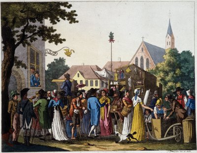 Scène van wandelen in de 18e eeuw - gravure door Unknown artist