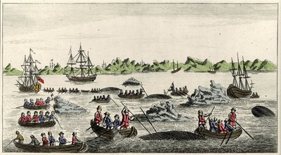 Scène van walvisvangst in Groenland in de 18e eeuw, anonieme populaire prent uit die periode door Unknown artist