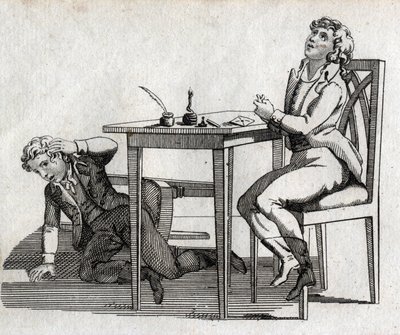 Scholieren hebben een tafel met inktpot. Gravure eind 18e eeuw. Privécollectie. door Unknown artist