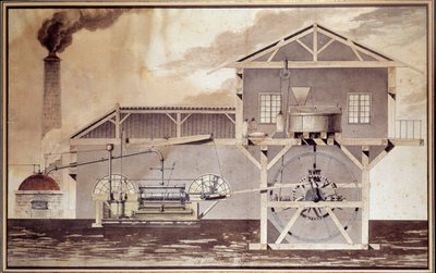 Wetenschap en technologie: een stoommachine, snijdend een korenmolen. Tekening door Edouard Bury. 1796. Parijs, Conservatoire National des Arts et Métiers door Unknown artist