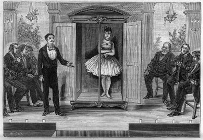 Wetenschappelijke shows: Verdwenen kabinet waarin de persoon die zich erin opsluit onmiddellijk verdwijnt. Gravure in "La Nature" door Unknown artist