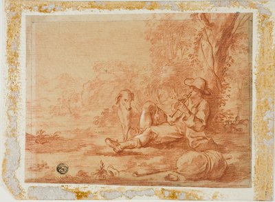 Zittende herder die pijp speelt onder een boom door Unknown artist