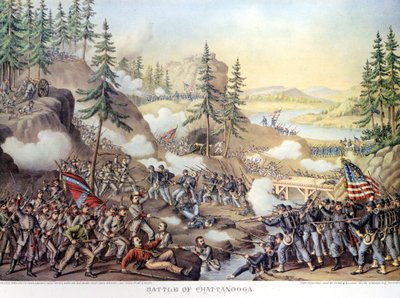 Amerikaanse Burgeroorlog (1861 - 1865): Na twee dagen van strijd bij Chattanooga, Tennessee, overwinning van het Noordelijke leger onder bevel van generaal Rosecrans. Gravure door Unknown artist