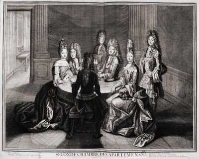 Tweede Kamer van de Appartementen (Versailles): 1. Monseigneur, 2. Madame Prinses van Conty Weduwe, 3. Monsieur de Hertog van Bourbon, 4. Madame de Hertogin van Bourbon, 5. Monsieur de Vendôme, Groot Prior van Frankrijk. Gravure van Trouvain, begin 18e eeu door Unknown artist