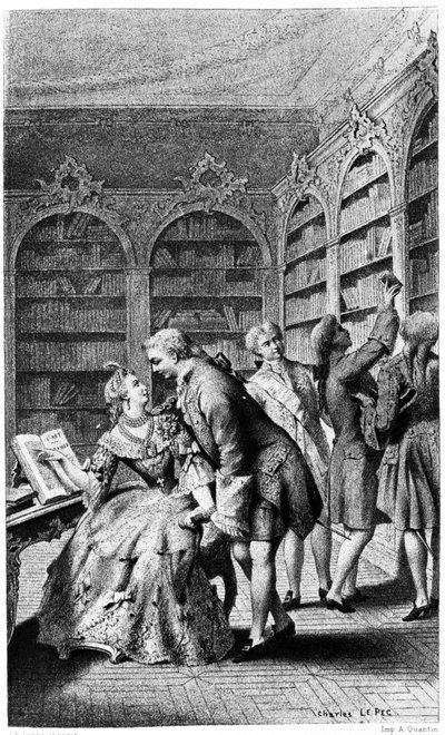Verleidingsscène in een bibliotheek in de 18e eeuw door Unknown artist