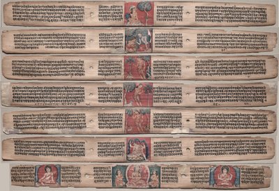 Zeven bladeren uit een manuscript van de Gandavyuha-soetra (Schrift van de Opperste Array) door Unknown artist