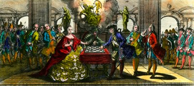 Zevenjarige Oorlog: allegorie die Marie Therese van Oostenrijk (1717-1780) en Frederik van Pruisen (1712-1786) schaakspelend voorstelt. Gravure uit de 18e eeuw Privécollectie door Unknown artist