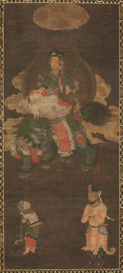 Shakyamuni Triade: Boeddha Vergezeld door Manjushri en Samantabhadra (Bodhisattva met Leeuw) door Unknown artist