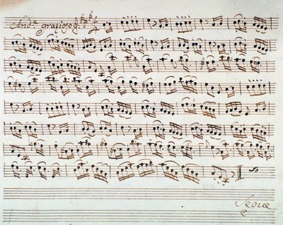 Bladmuziekpagina voor de eerste viool in de opening van Mithridate, koning van Pontus, opera door Mozart (1770) door Unknown artist