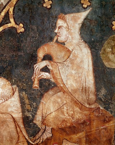 Herder die op een doedelzak blaast Detail. 14e eeuw fresco. Uit Olite (Navarra) Museum van Navarra, Pamplona door Unknown artist